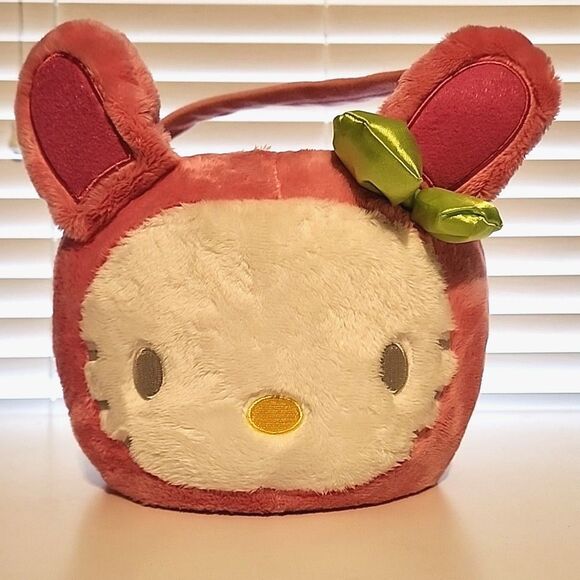 Sanrio - Hello Kitty Plush Treat Basket - 2009 Soft Fuzzy With Green Bow - Picture 1 of 7